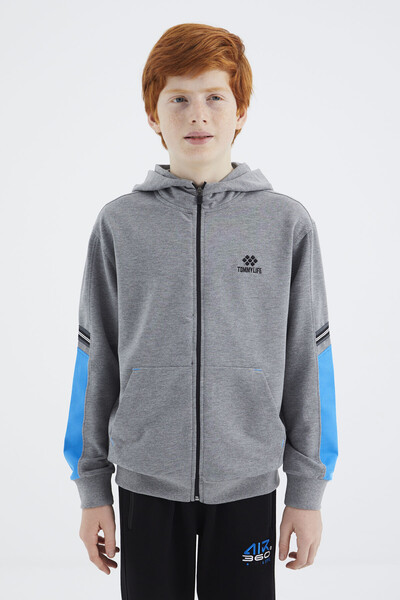 Tommylife Wholesale 7-15 Age Hooded Standard Fit Boys' Sweatshirt 11180 Gray Melange - Thumbnail