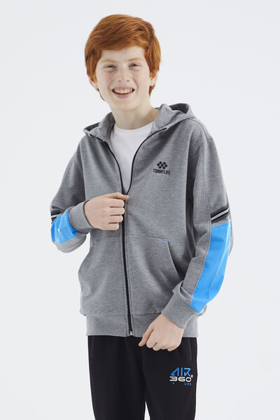 Tommylife Wholesale 7-15 Age Hooded Standard Fit Boys' Sweatshirt 11180 Gray Melange - Thumbnail