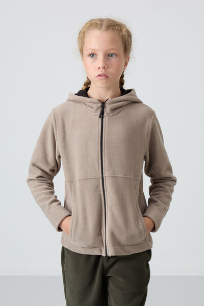 Tommylife Wholesale 7-15 Age Hooded Standard Fit Girls Fleece Sweatshirt 75152 Dark Beige - Thumbnail