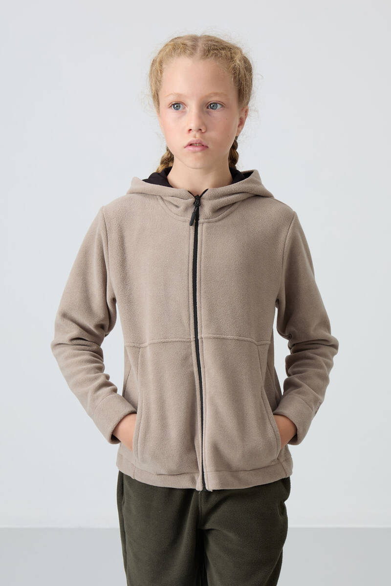 TommyLife - Tommylife Wholesale 7-15 Age Hooded Standard Fit Girls Fleece Sweatshirt 75152 Dark Beige