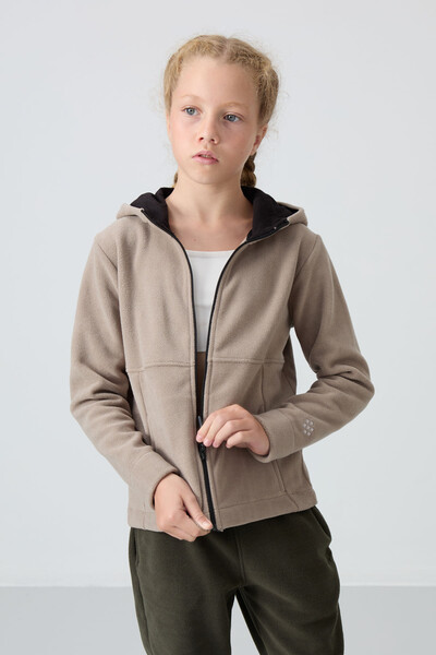 Tommylife Wholesale 7-15 Age Hooded Standard Fit Girls Fleece Sweatshirt 75152 Dark Beige - Thumbnail