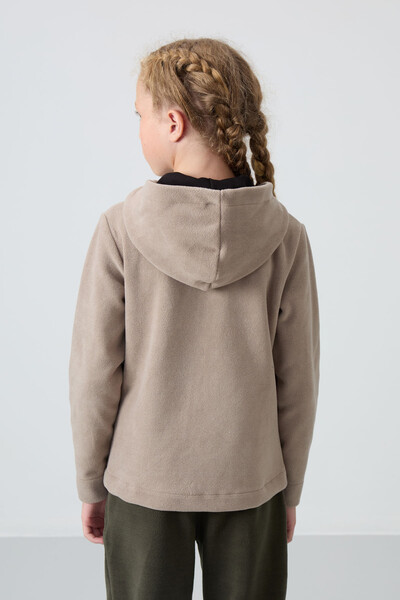 Tommylife Wholesale 7-15 Age Hooded Standard Fit Girls Fleece Sweatshirt 75152 Dark Beige - Thumbnail