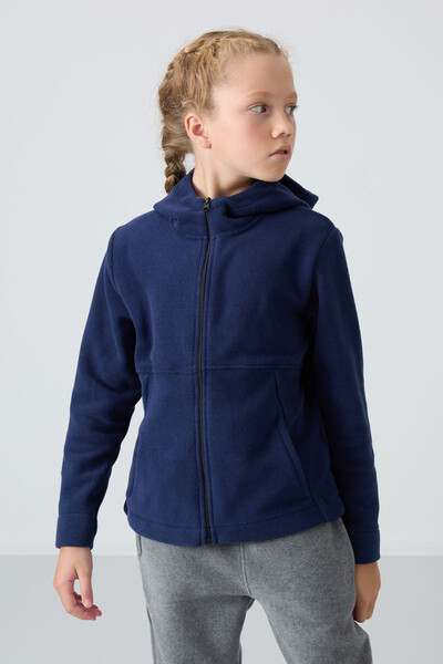 Tommylife Wholesale 7-15 Age Hooded Standard Fit Girls Fleece Sweatshirt 75152 Indigo - Thumbnail