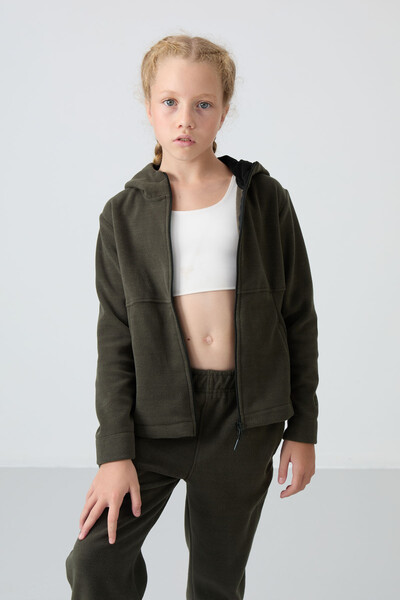 Tommylife Wholesale 7-15 Age Hooded Standard Fit Girls Fleece Sweatshirt 75152 Khaki - Thumbnail