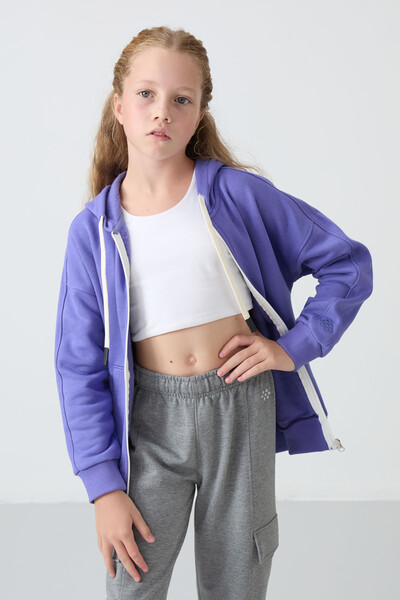 Tommylife Wholesale 7-15 Age Hooded Standard Fit Girls Sweatshirt 75149 Amethyst - Thumbnail