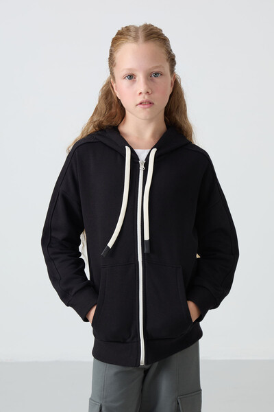 Tommylife Wholesale 7-15 Age Hooded Standard Fit Girls Sweatshirt 75149 Black - Thumbnail