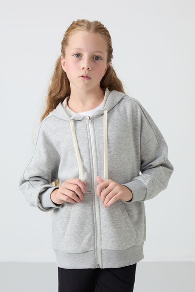 Tommylife Wholesale 7-15 Age Hooded Standard Fit Girls Sweatshirt 75149 Gray Melange - Thumbnail