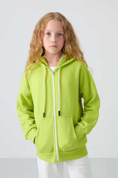 Tommylife Wholesale 7-15 Age Hooded Standard Fit Girls Sweatshirt 75149 Lime Green - Thumbnail