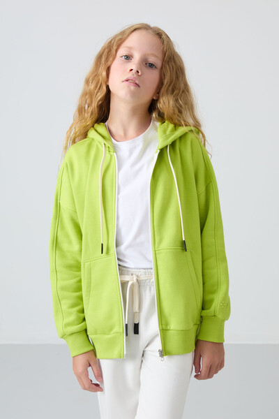 Tommylife Wholesale 7-15 Age Hooded Standard Fit Girls Sweatshirt 75149 Lime Green - Thumbnail