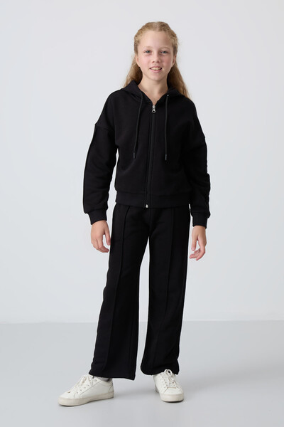 Tommylife Wholesale 7-15 Age Hooded Standard Fit Girls Tracksuit Set 75161 Black - Thumbnail