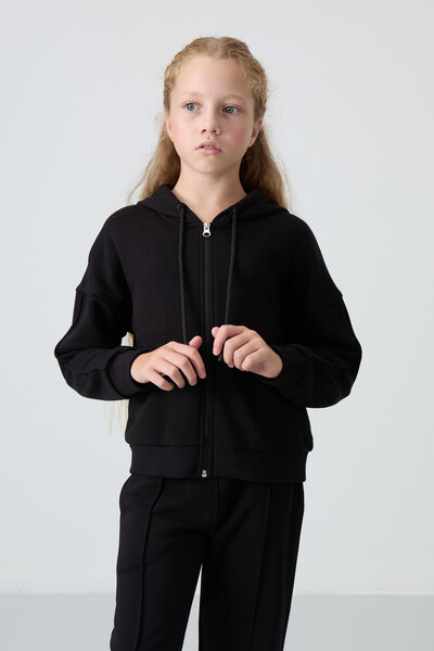 Tommylife Wholesale 7-15 Age Hooded Standard Fit Girls Tracksuit Set 75161 Black - Thumbnail