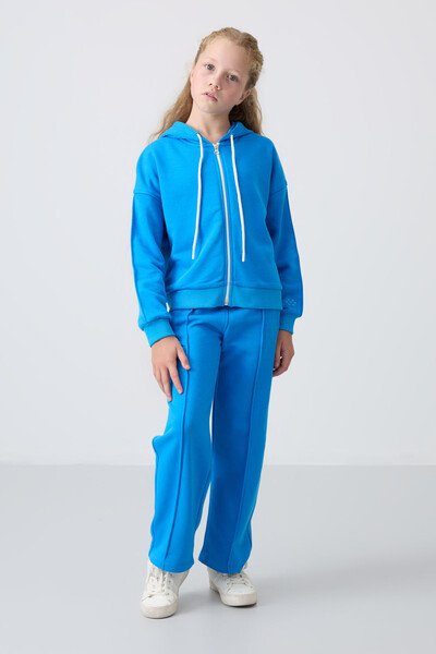 Tommylife Wholesale 7-15 Age Hooded Standard Fit Girls Tracksuit Set 75161 Blue - Thumbnail