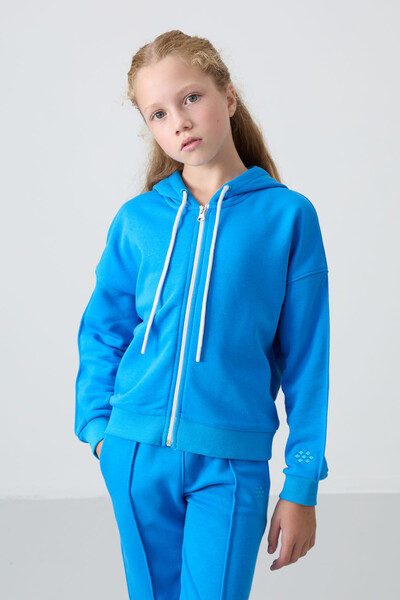 Tommylife Wholesale 7-15 Age Hooded Standard Fit Girls Tracksuit Set 75161 Blue - Thumbnail