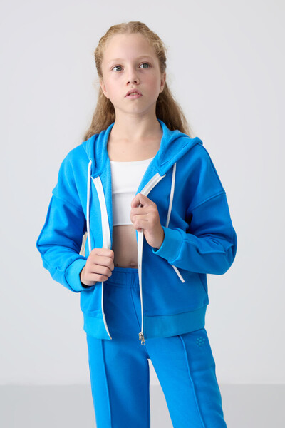 Tommylife Wholesale 7-15 Age Hooded Standard Fit Girls Tracksuit Set 75161 Blue - Thumbnail