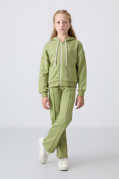 Tommylife Wholesale 7-15 Age Hooded Standard Fit Girls Tracksuit Set 75161 Oil Green - Thumbnail