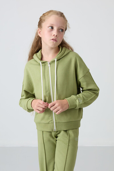 Tommylife Wholesale 7-15 Age Hooded Standard Fit Girls Tracksuit Set 75161 Oil Green - Thumbnail