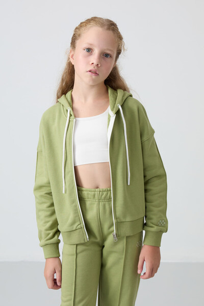 Tommylife Wholesale 7-15 Age Hooded Standard Fit Girls Tracksuit Set 75161 Oil Green - Thumbnail