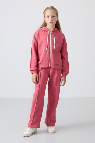 Tommylife Wholesale 7-15 Age Hooded Standard Fit Girls Tracksuit Set 75161 Wild Rose - Thumbnail