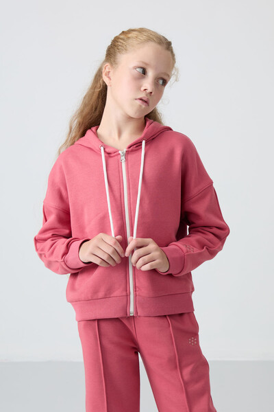 Tommylife Wholesale 7-15 Age Hooded Standard Fit Girls Tracksuit Set 75161 Wild Rose - Thumbnail