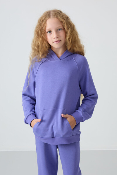 Tommylife Wholesale 7-15 Age Hooded Standard Fit Girls Tracksuit Set 75162 Amethyst - Thumbnail