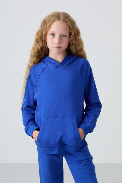 Tommylife Wholesale 7-15 Age Hooded Standard Fit Girls Tracksuit Set 75162 Night Blue - Thumbnail