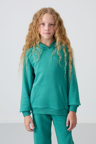 Tommylife Wholesale 7-15 Age Hooded Standard Fit Girls Tracksuit Set 75162 Sea Green - Thumbnail