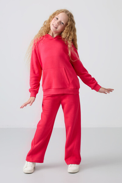 Tommylife Wholesale 7-15 Age Hooded Standard Fit Girls Tracksuit Set 75162 Viva Red - Thumbnail