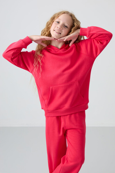 Tommylife Wholesale 7-15 Age Hooded Standard Fit Girls Tracksuit Set 75162 Viva Red - Thumbnail