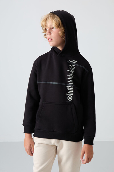 Tommylife Wholesale 7-15 Age Hooded Standard Fit Printed Boys' Sweatshirt 11239 Black - Thumbnail