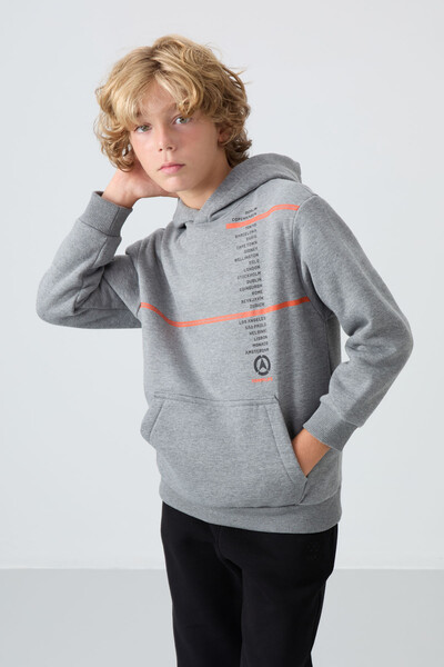 Tommylife Wholesale 7-15 Age Hooded Standard Fit Printed Boys' Sweatshirt 11239 Gray Melange - Thumbnail