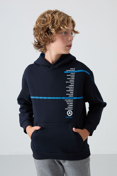 Tommylife Wholesale 7-15 Age Hooded Standard Fit Printed Boys' Sweatshirt 11239 Navy Blue - Thumbnail