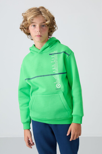 Tommylife Wholesale 7-15 Age Hooded Standard Fit Printed Boys' Sweatshirt 11239 Neon Green - Thumbnail