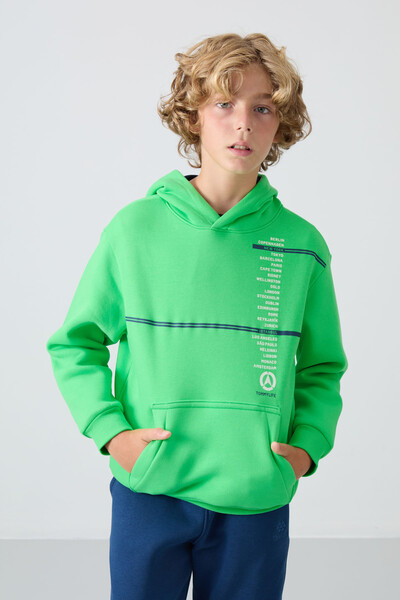 Tommylife Wholesale 7-15 Age Hooded Standard Fit Printed Boys' Sweatshirt 11239 Neon Green - Thumbnail