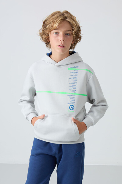 Tommylife Wholesale 7-15 Age Hooded Standard Fit Printed Boys' Sweatshirt 11239 Stone - Thumbnail