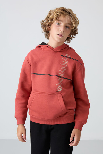 Tommylife Wholesale 7-15 Age Hooded Standard Fit Printed Boys' Sweatshirt 11239 Terracotta - Thumbnail