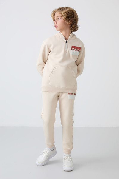 Tommylife Wholesale 7-15 Age Iconx Hooded Boys' Tracksuit Set 11246 Beige - Thumbnail