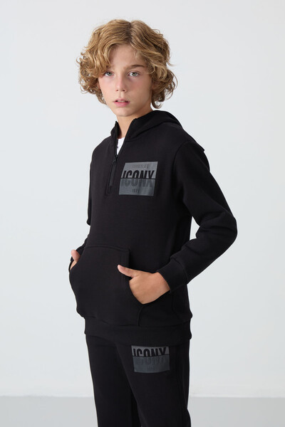 Tommylife Wholesale 7-15 Age Iconx Hooded Boys' Tracksuit Set 11246 Black - Thumbnail