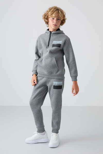 Tommylife Wholesale 7-15 Age Iconx Hooded Boys' Tracksuit Set 11246 Gray Melange - Thumbnail