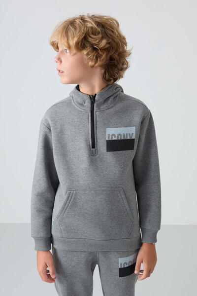 Tommylife Wholesale 7-15 Age Iconx Hooded Boys' Tracksuit Set 11246 Gray Melange - Thumbnail