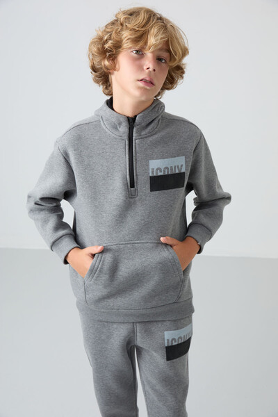 Tommylife Wholesale 7-15 Age Iconx Hooded Boys' Tracksuit Set 11246 Gray Melange - Thumbnail