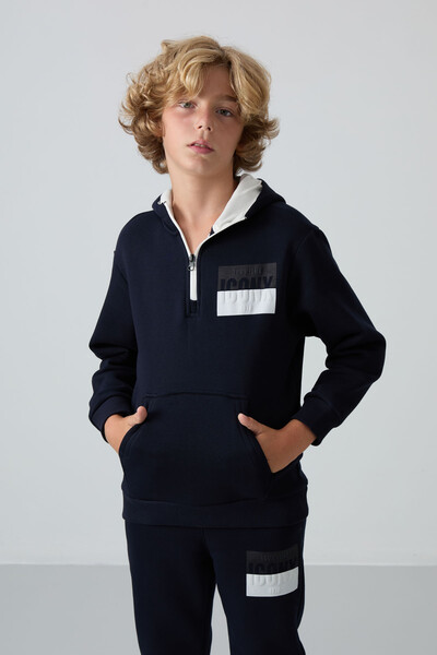 Tommylife Wholesale 7-15 Age Iconx Hooded Boys' Tracksuit Set 11246 Navy Blue - Thumbnail