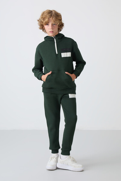 Tommylife Wholesale 7-15 Age Iconx Hooded Boys' Tracksuit Set 11246 Pine Green - Thumbnail