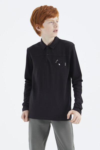 Tommylife Wholesale 7-15 Age Polo Neck Standard Fit Basic Boys' Sweatshirt 11172 Black - Thumbnail