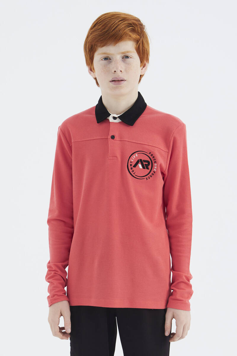 TOMMYLIFE - Tommylife Wholesale 7-15 Age Polo Neck Standard Fit Basic Boys' Sweatshirt 11172 Coral
