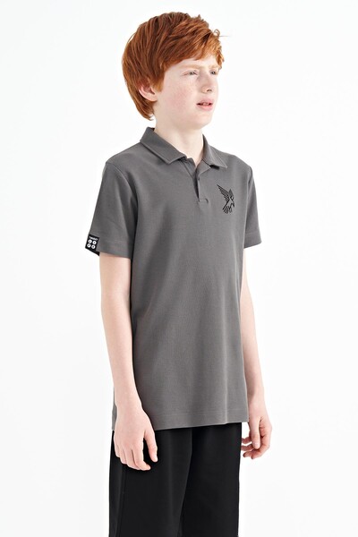 Tommylife Wholesale 7-15 Age Polo Neck Standard Fit Boys' T-Shirt 11084 Dark Gray - Thumbnail