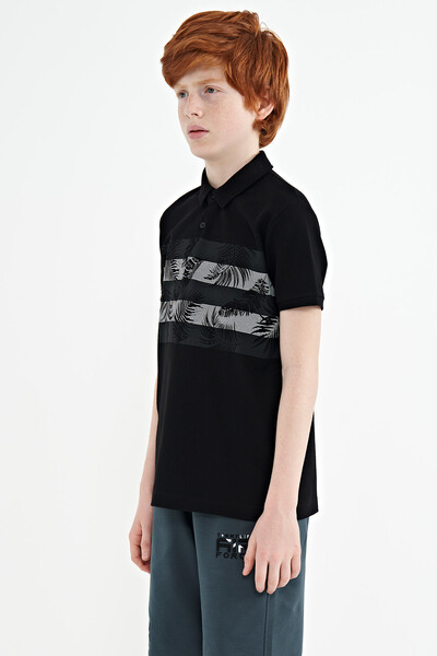Tommylife Wholesale 7-15 Age Polo Neck Standard Fit Printed Boys' T-Shirt 11101 Black - Thumbnail