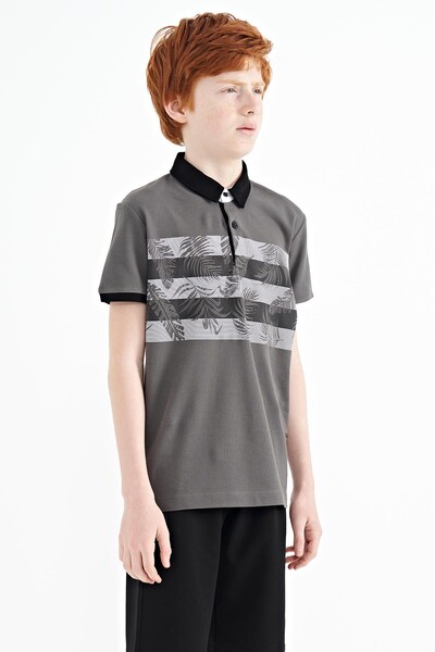 Tommylife Wholesale 7-15 Age Polo Neck Standard Fit Printed Boys' T-Shirt 11101 Dark Gray - Thumbnail