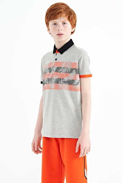 Tommylife Wholesale 7-15 Age Polo Neck Standard Fit Printed Boys' T-Shirt 11101 Gray Melange - Thumbnail