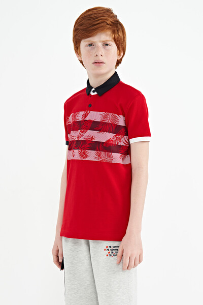 Tommylife Wholesale 7-15 Age Polo Neck Standard Fit Printed Boys' T-Shirt 11101 Red - Thumbnail