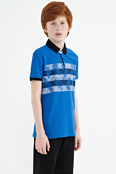 Tommylife Wholesale 7-15 Age Polo Neck Standard Fit Printed Boys' T-Shirt 11101 Saxe - Thumbnail